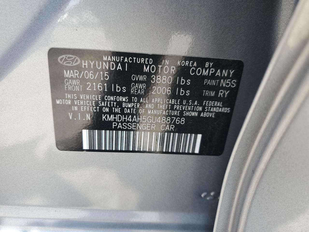 2016 Hyundai Elantra Se VIN: KMHDH4AH5GU488768 Lot: 66533394