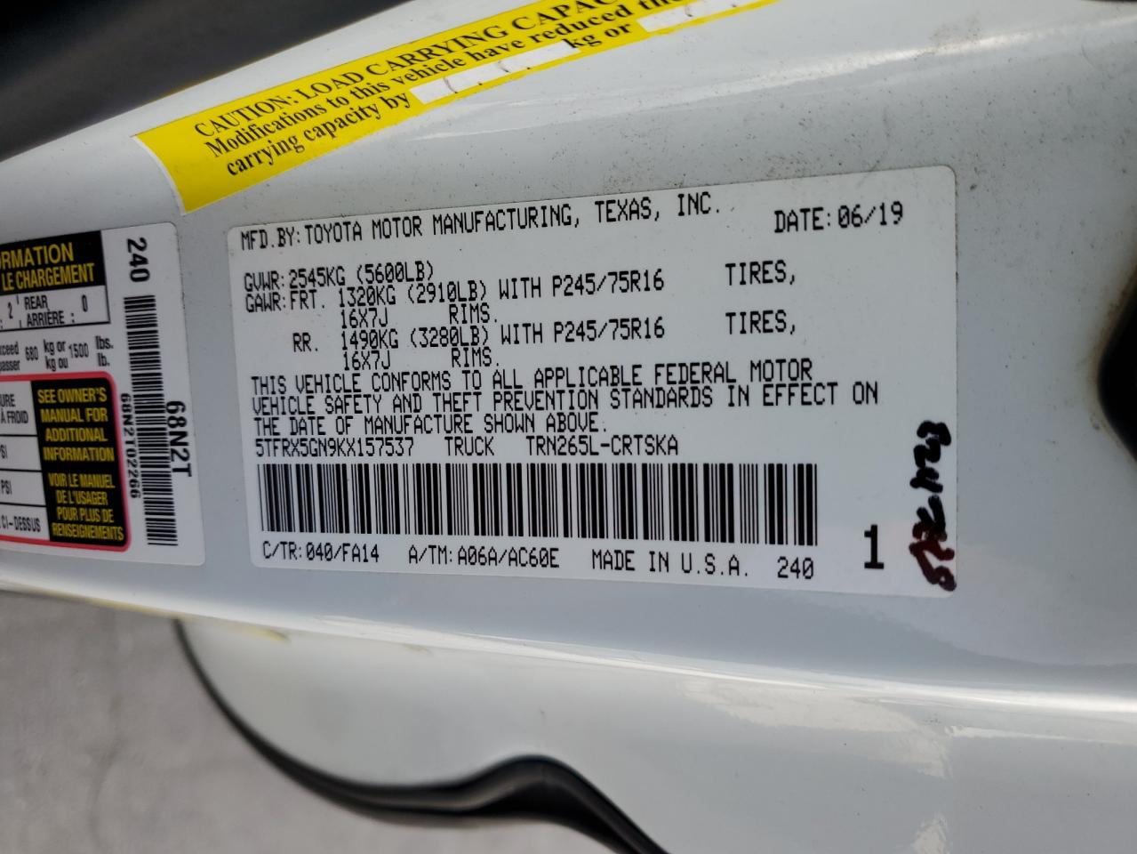 2019 Toyota Tacoma Access Cab VIN: 5TFRX5GN9KX157537 Lot: 62387234