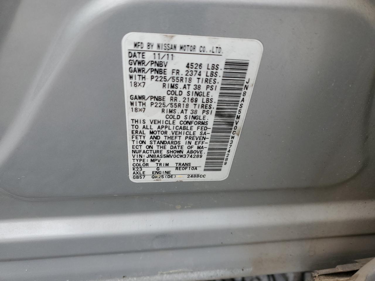 2012 Nissan Rogue S VIN: JN8AS5MV0CW374289 Lot: 67528104