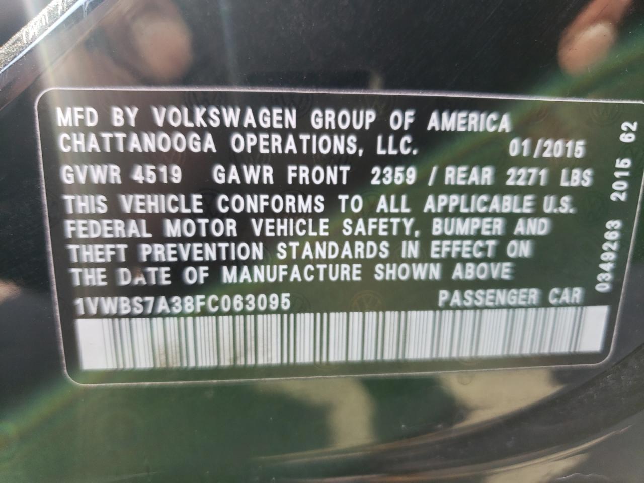 2015 Volkswagen Passat Se VIN: 1VWBS7A38FC063095 Lot: 68435525