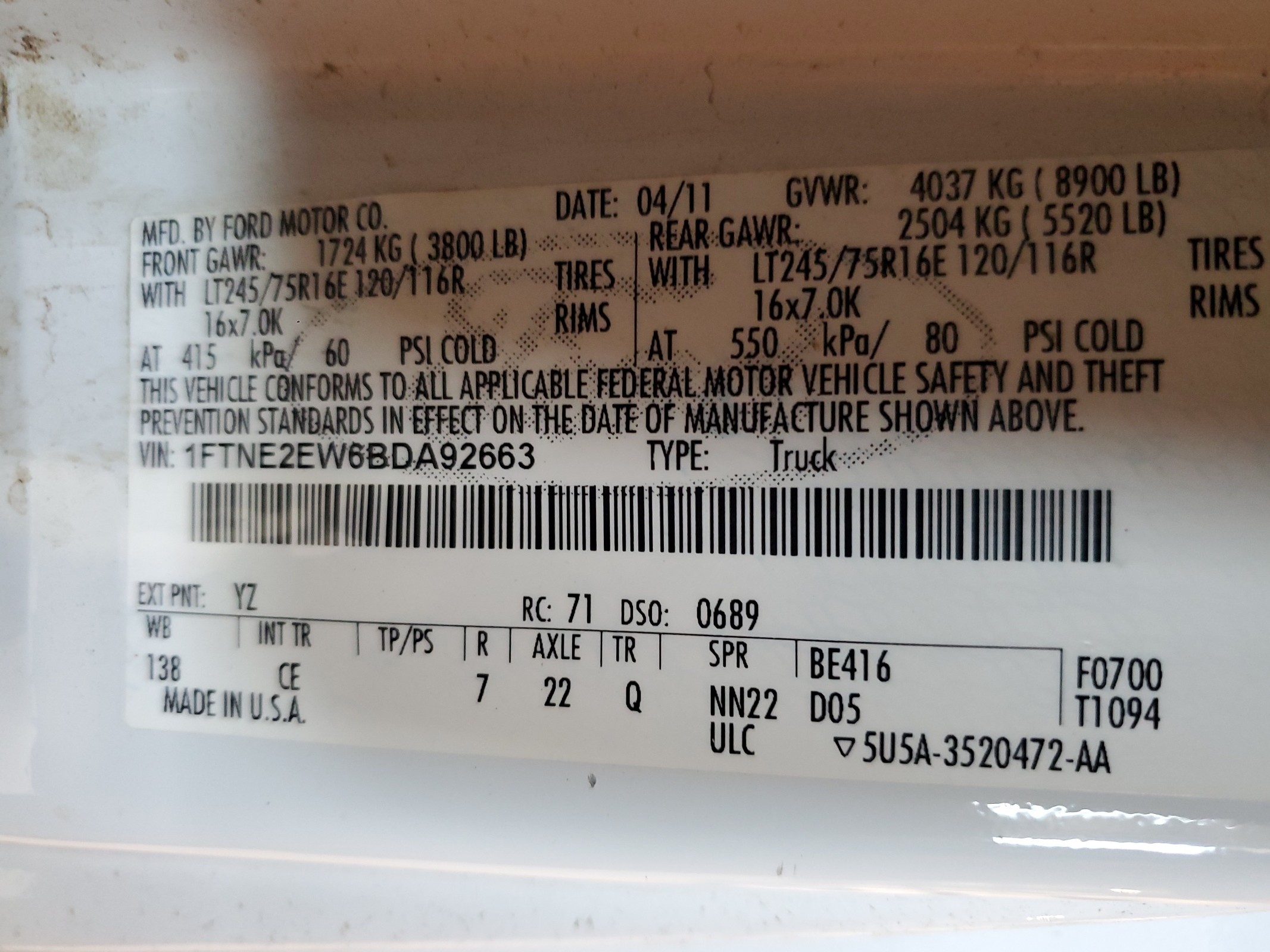 1FTNE2EW6BDA92663 2011 Ford Econoline E250 Van