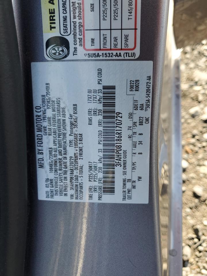 2006 Ford Fusion Sel VIN: 3FAHP08186R170729 Lot: 65999304