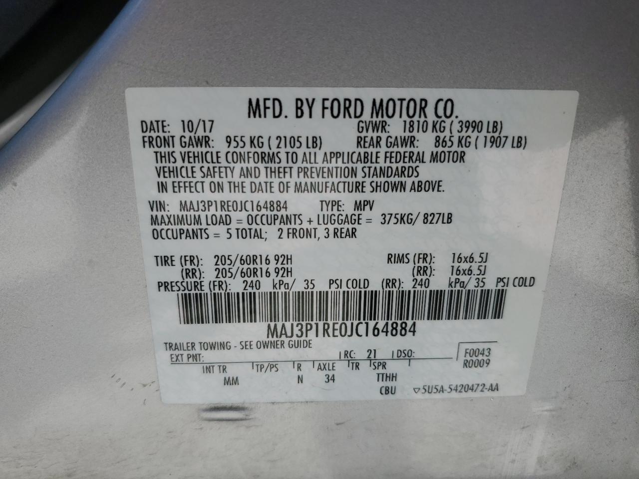 MAJ3P1RE0JC164884 2018 Ford Ecosport S