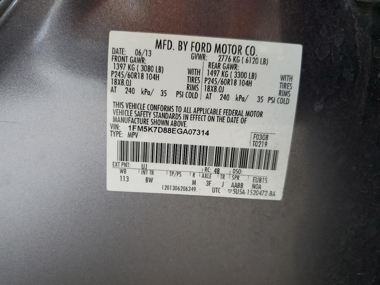 2014 Ford Explorer Xlt VIN: 1FM5K7D88EGA07314 Lot: 66493484