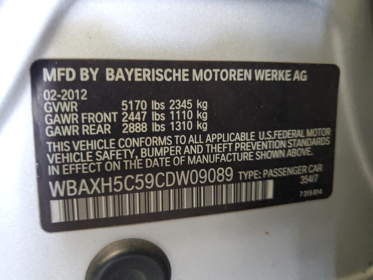 2012 BMW 528 Xi VIN: WBAXH5C59CDW09089 Lot: 69179844