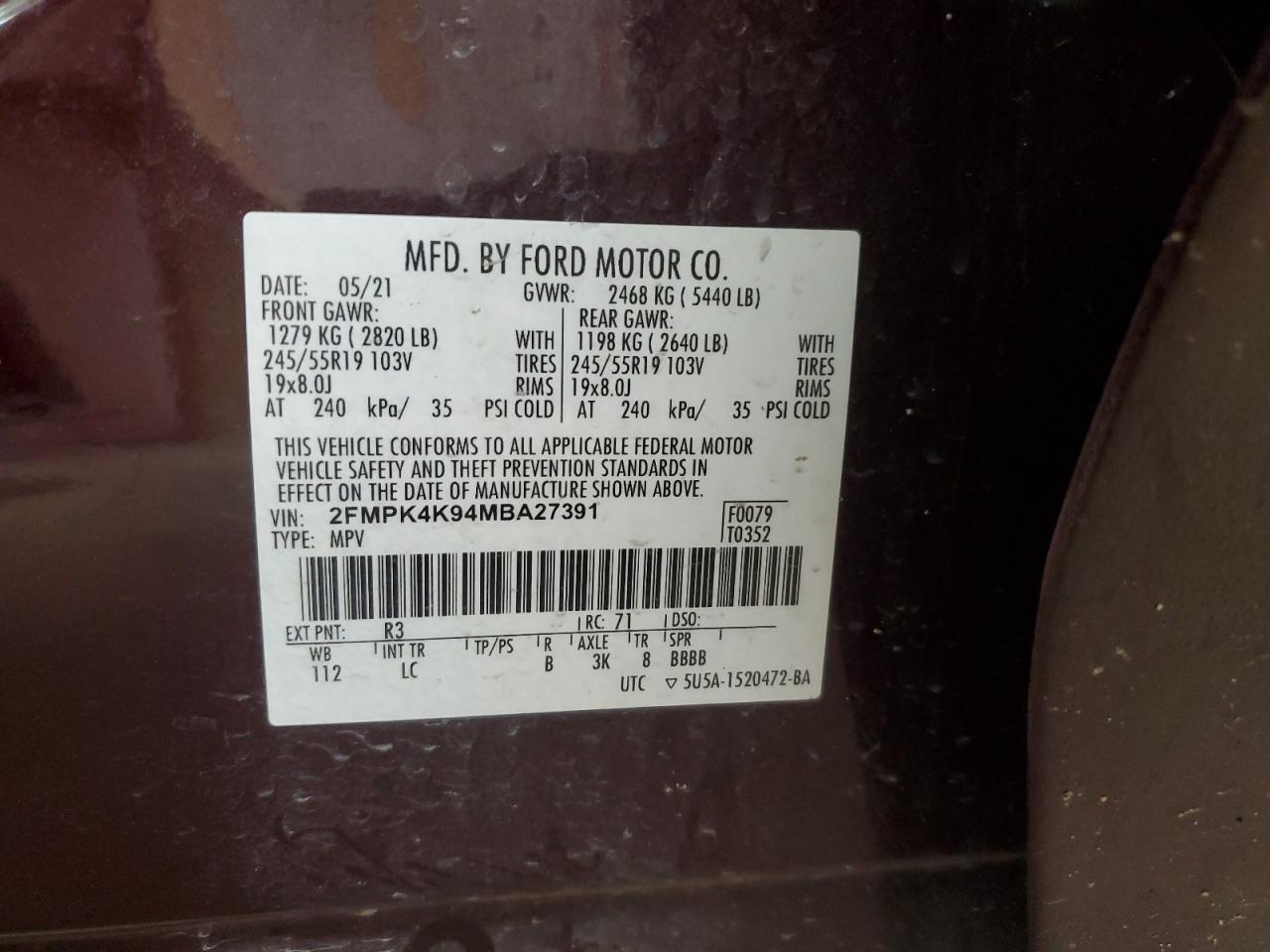 2021 Ford Edge Titanium VIN: 2FMPK4K94MBA27391 Lot: 66675454