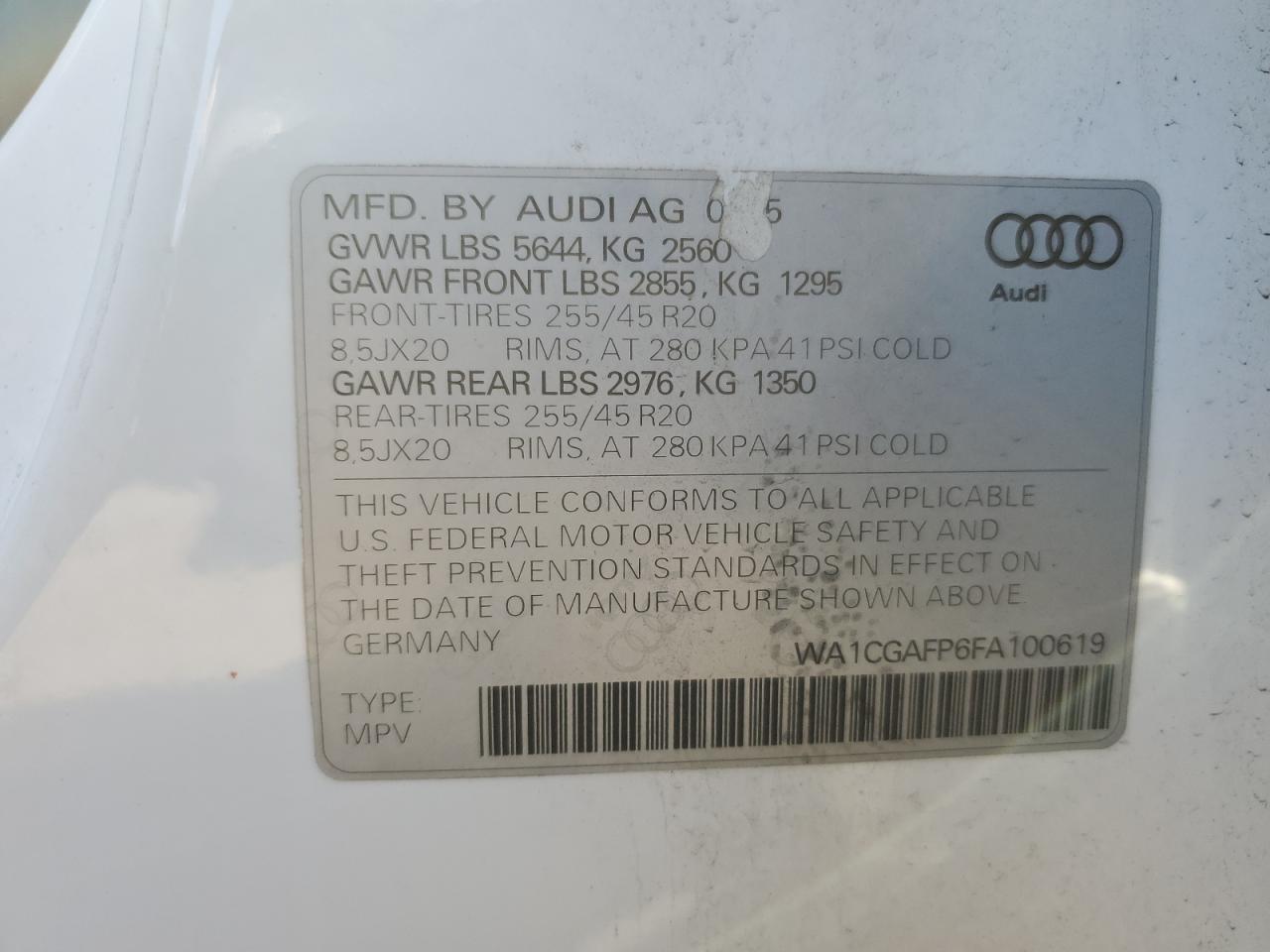 2015 Audi Sq5 Premium Plus VIN: WA1CGAFP6FA100619 Lot: 68613894