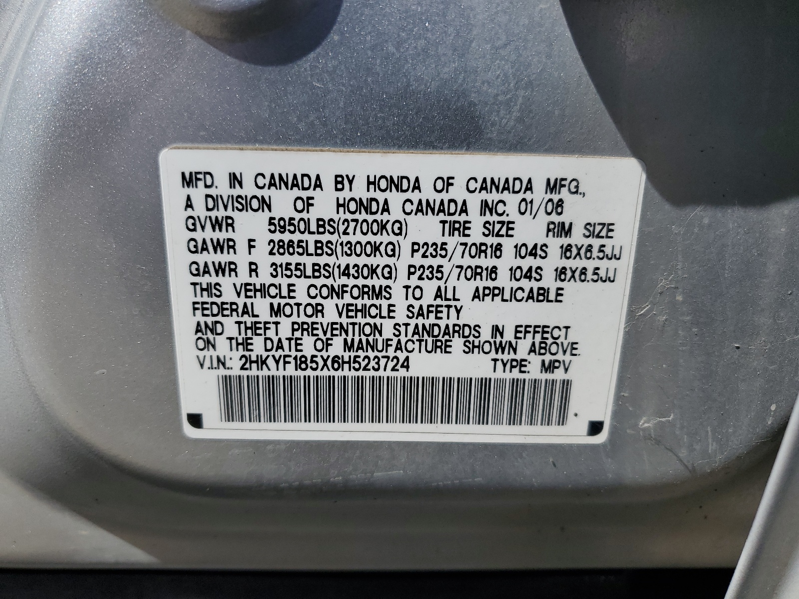 2HKYF185X6H523724 2006 Honda Pilot Ex