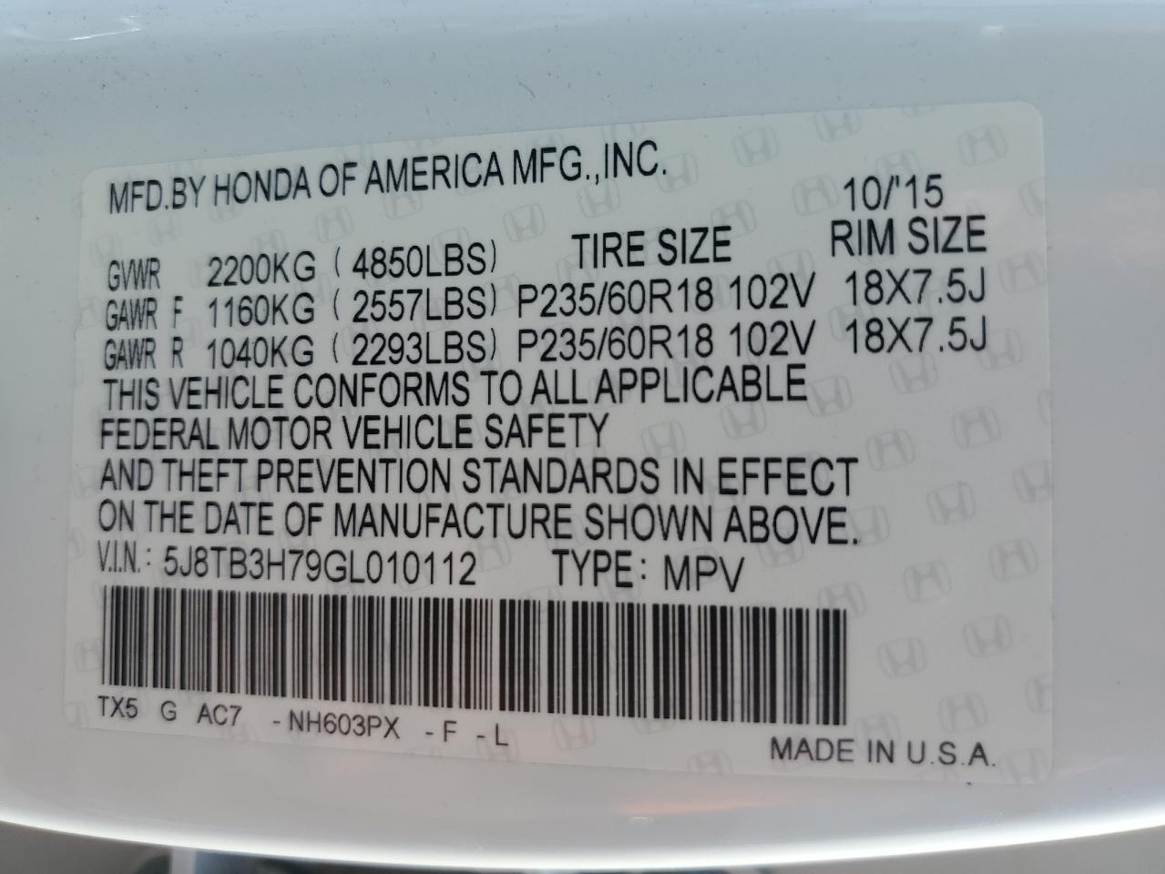 5J8TB3H79GL010112 2016 Acura Rdx Advance