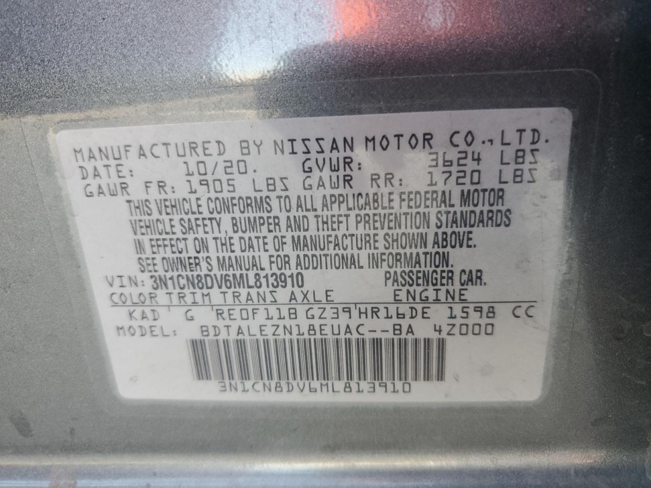 3N1CN8DV6ML813910 2021 Nissan Versa S