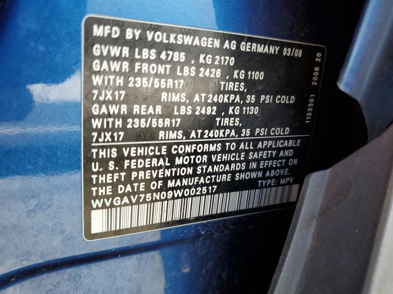 WVGAV75N09W002517 2009 Volkswagen Tiguan S