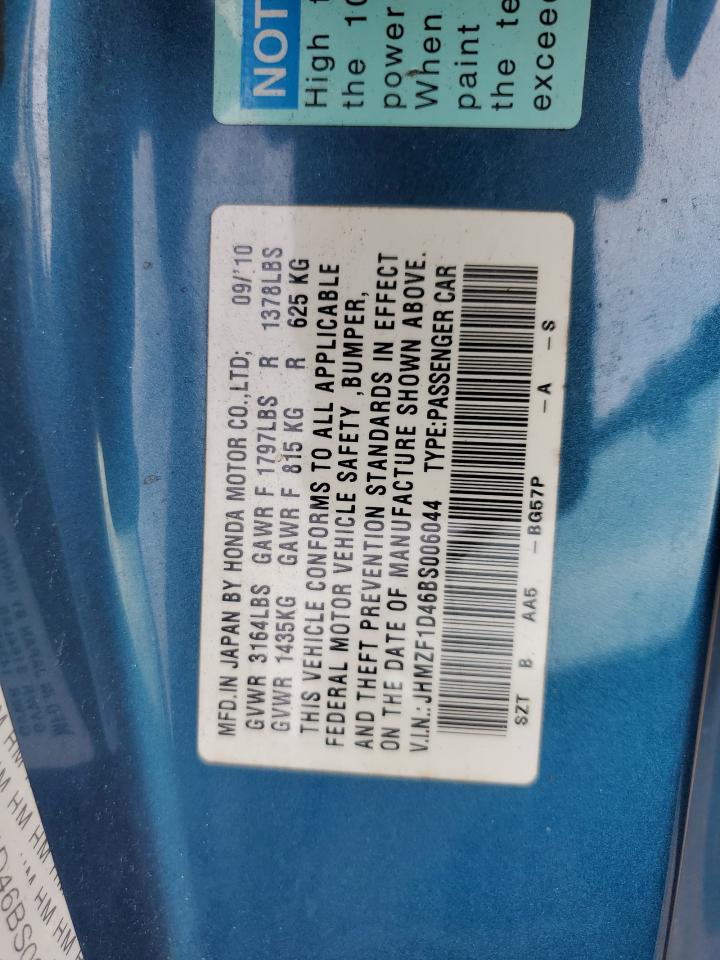 2011 Honda Cr-Z VIN: JHMZF1D46BS006044 Lot: 66112014