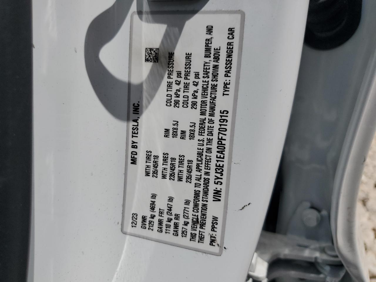 5YJ3E1EA0PF701915 2023 Tesla Model 3