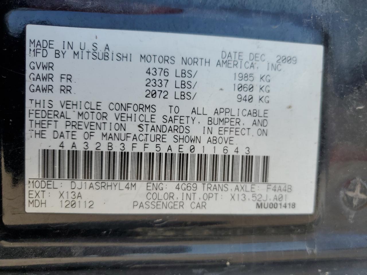 2010 Mitsubishi Galant Es VIN: 4A32B3FF5AE011643 Lot: 66299094