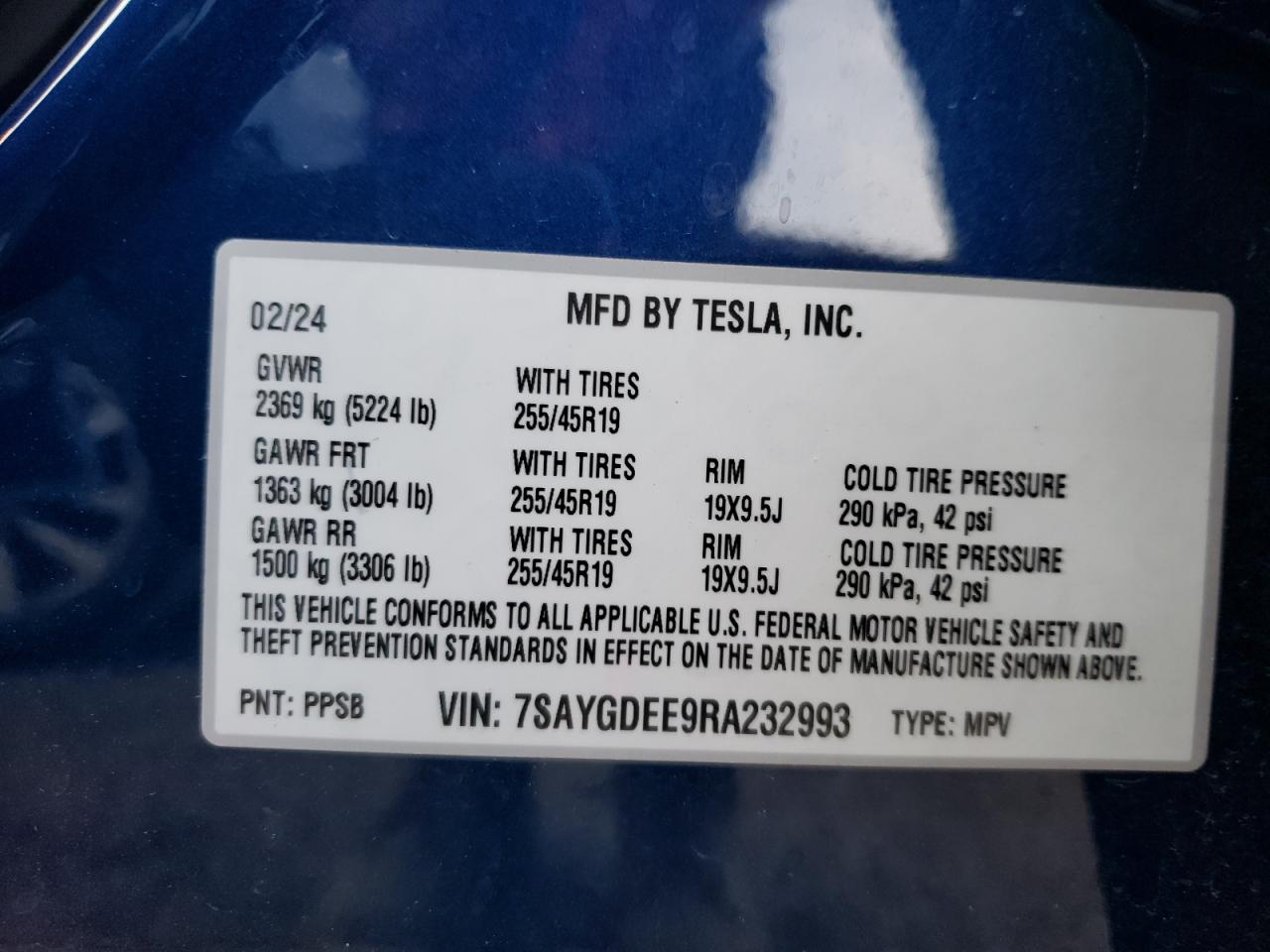 2024 Tesla Model Y VIN: 7SAYGDEE9RA232993 Lot: 67561304