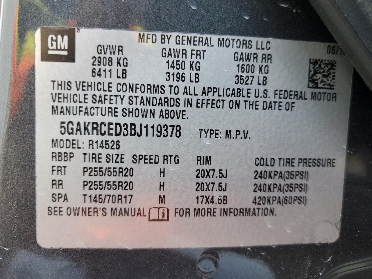 2011 Buick Enclave Cxl VIN: 5GAKRCED3BJ119378 Lot: 67100504