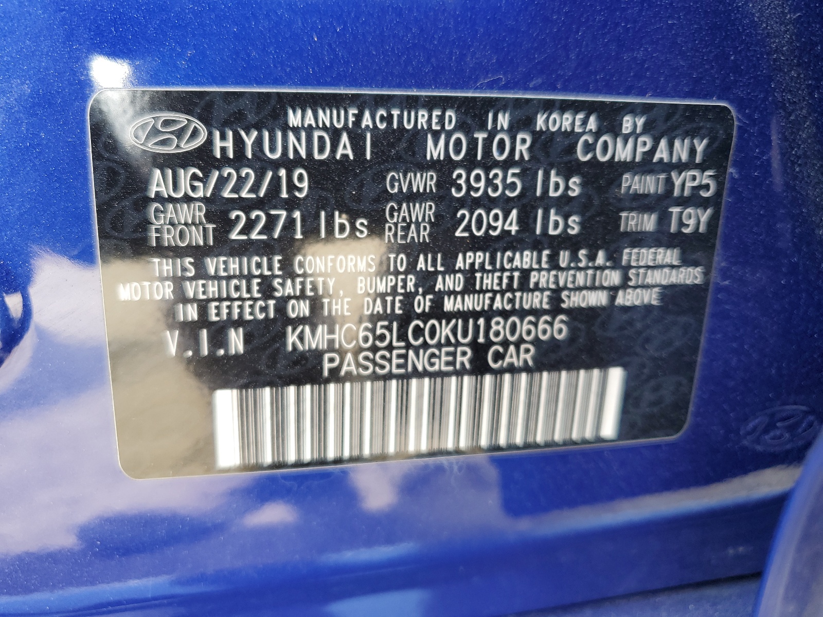 KMHC65LC0KU180666 2019 Hyundai Ioniq Blue