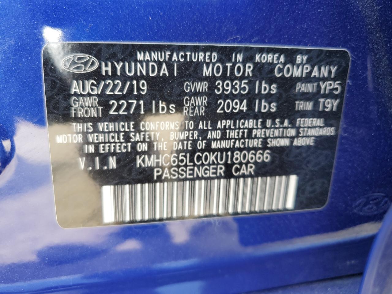 2019 Hyundai Ioniq Blue VIN: KMHC65LC0KU180666 Lot: 66543244