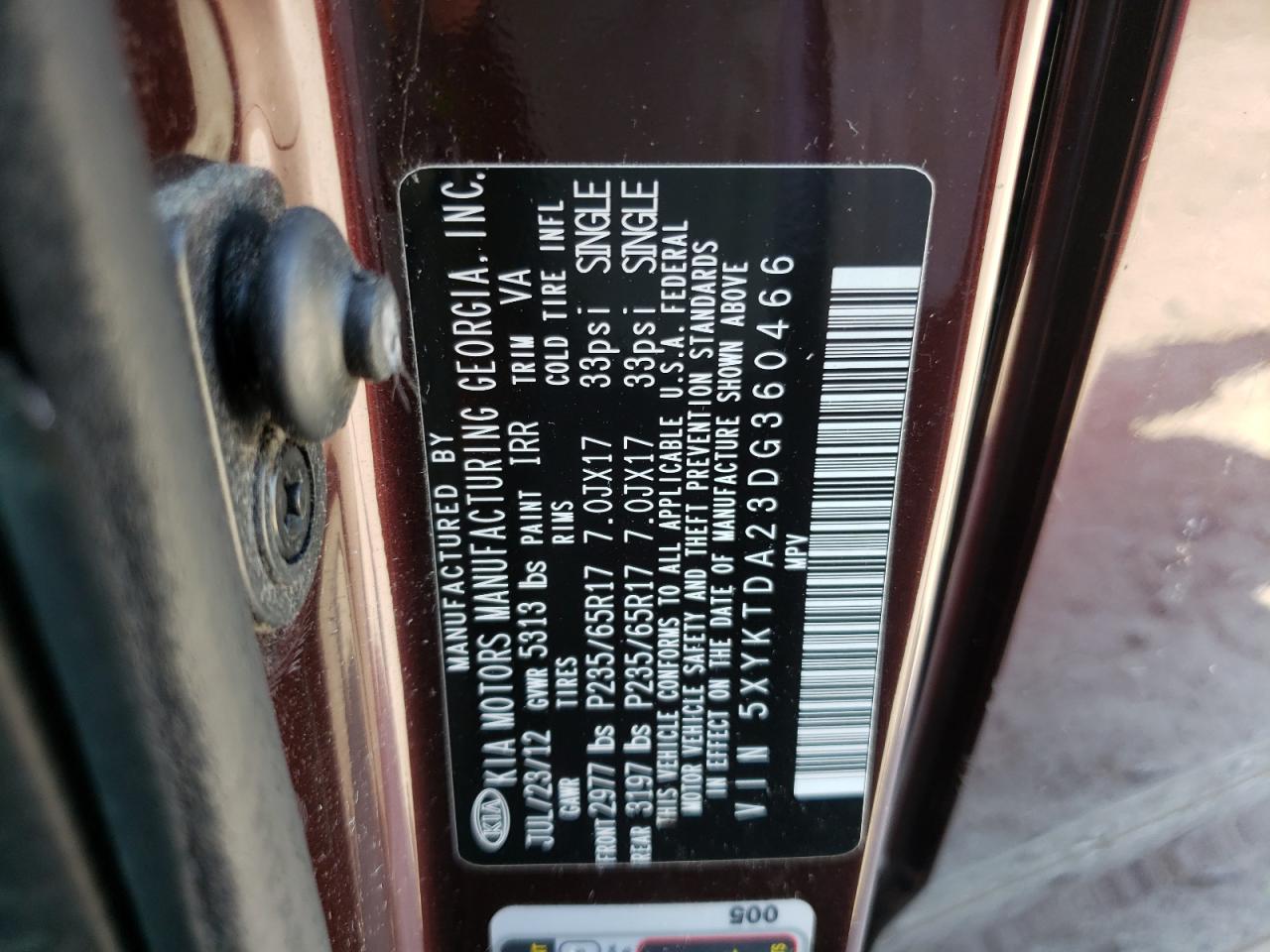 2013 Kia Sorento Lx VIN: 5XYKTDA23DG360466 Lot: 66046474