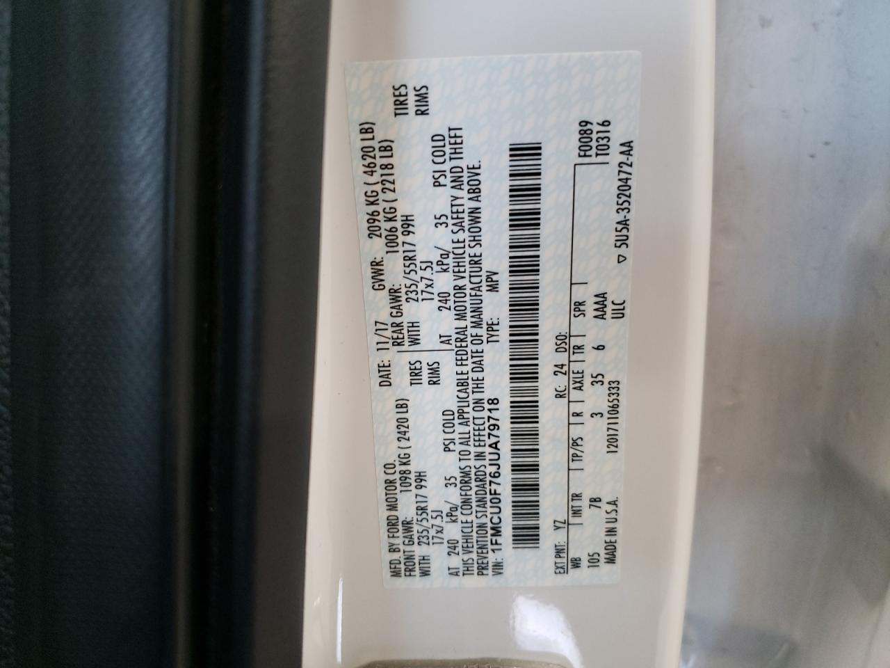 2018 Ford Escape S VIN: 1FMCU0F76JUA79718 Lot: 67120784