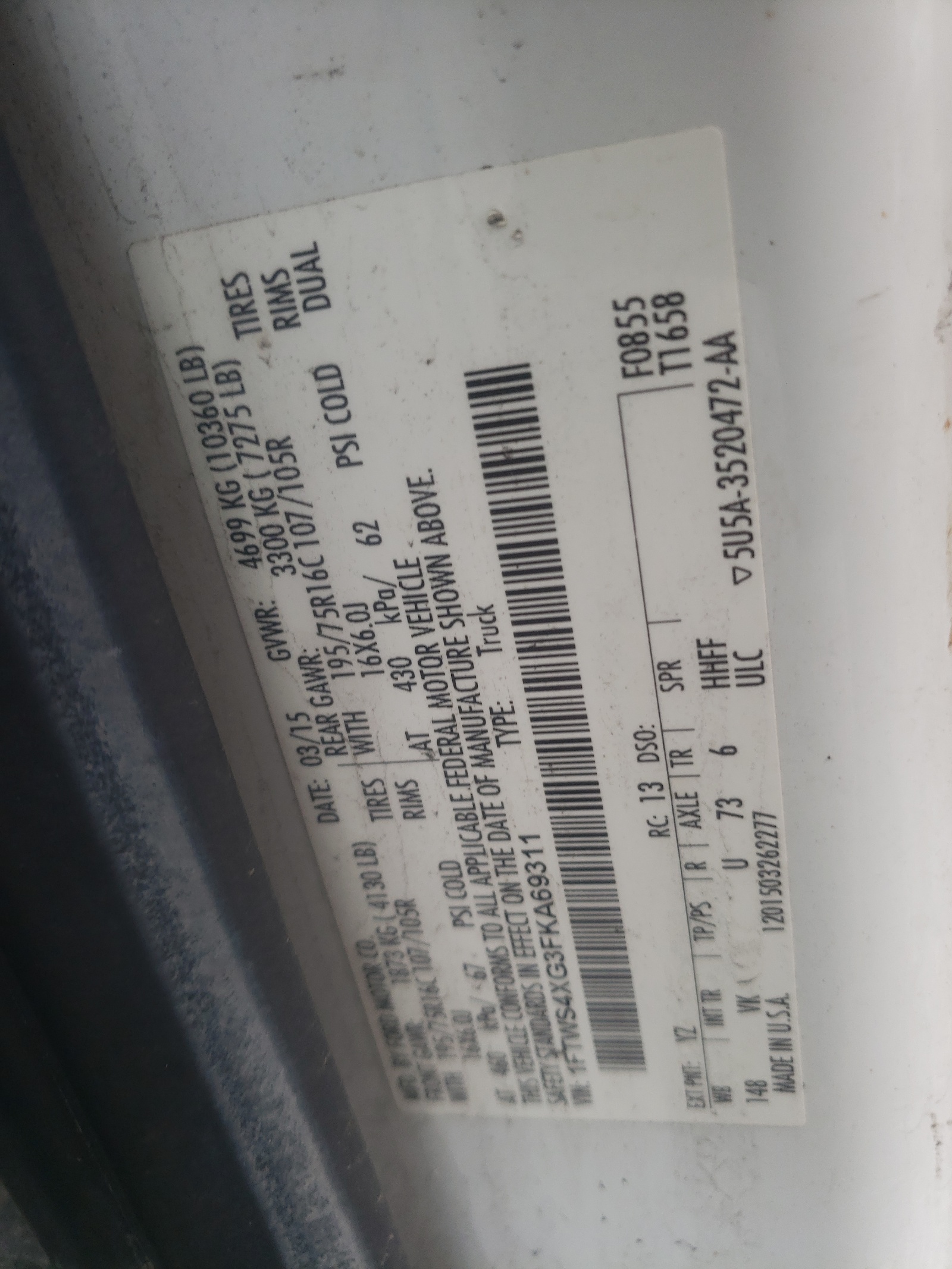 1FTWS4XG3FKA69311 2015 Ford Transit T-350 Hd