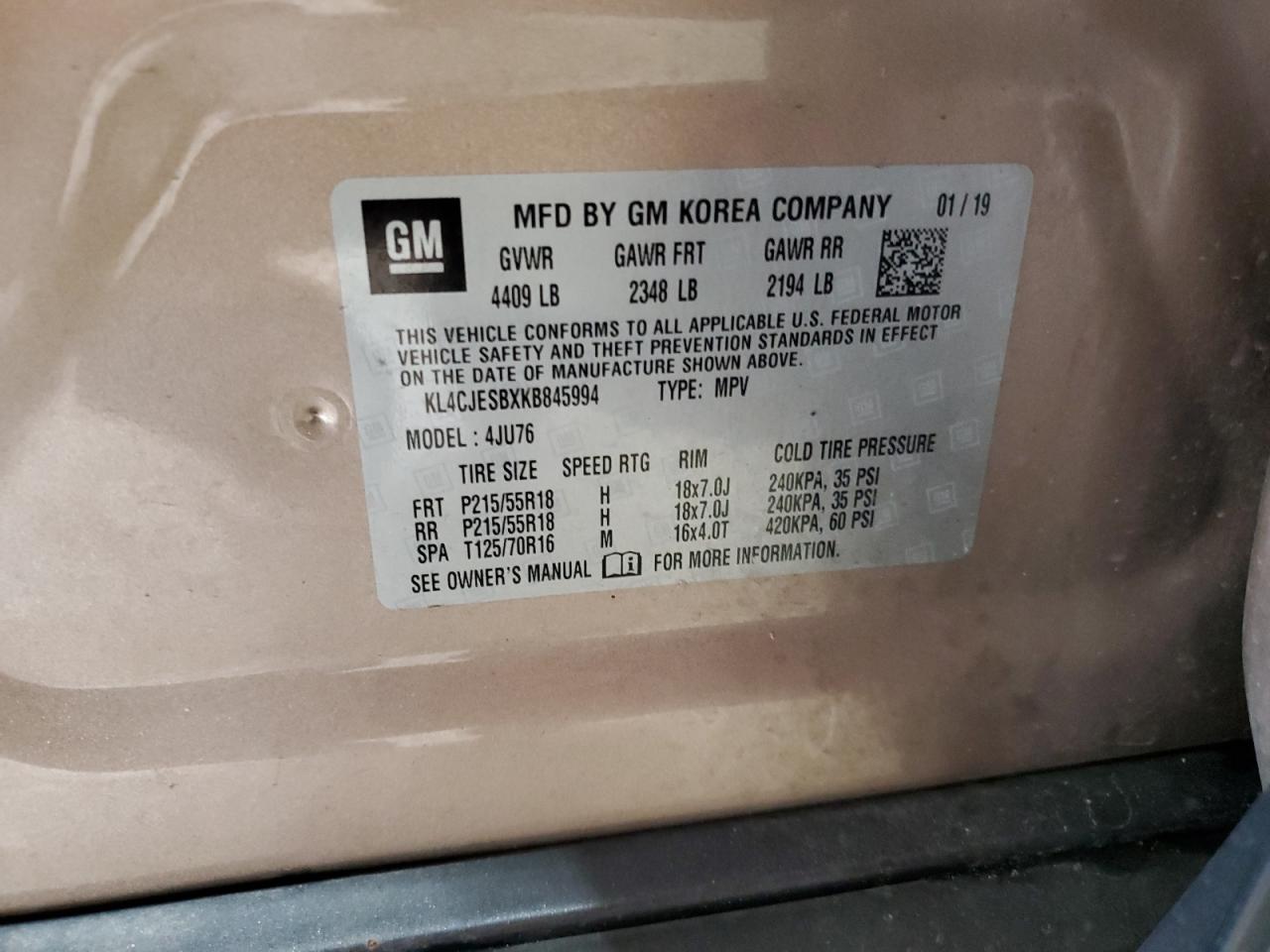 2019 Buick Encore Preferred VIN: KL4CJESBXKB845994 Lot: 67051134