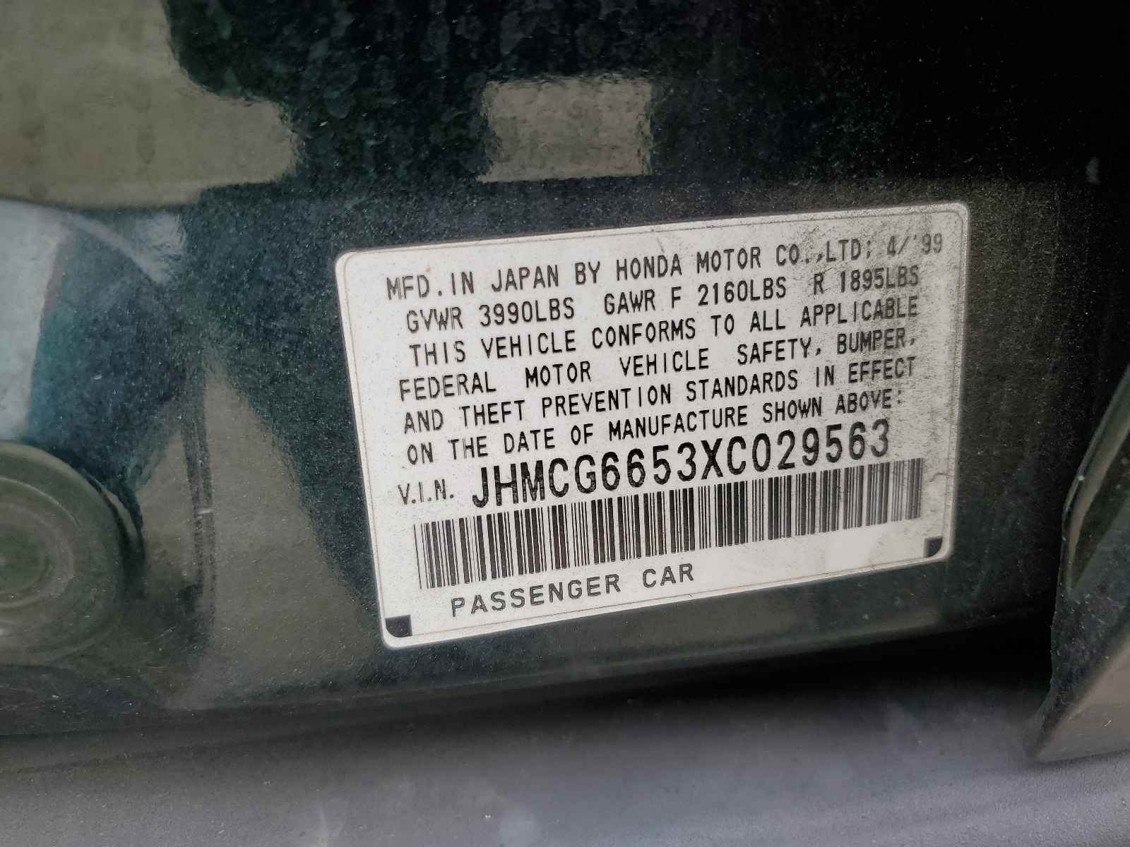 JHMCG6653XC029563 1999 Honda Accord Lx