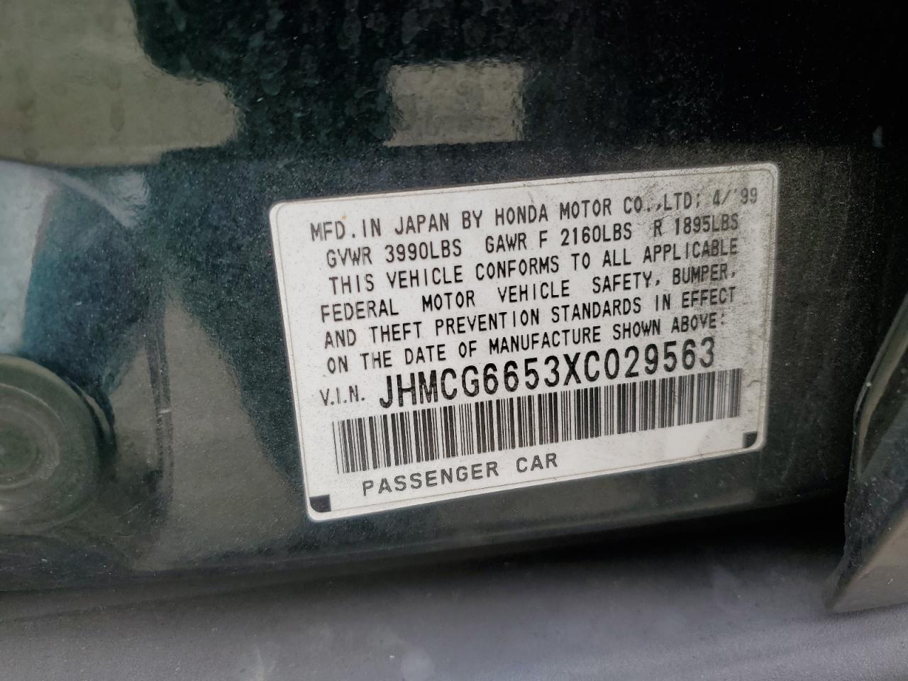 1999 Honda Accord Lx VIN: JHMCG6653XC029563 Lot: 66042314