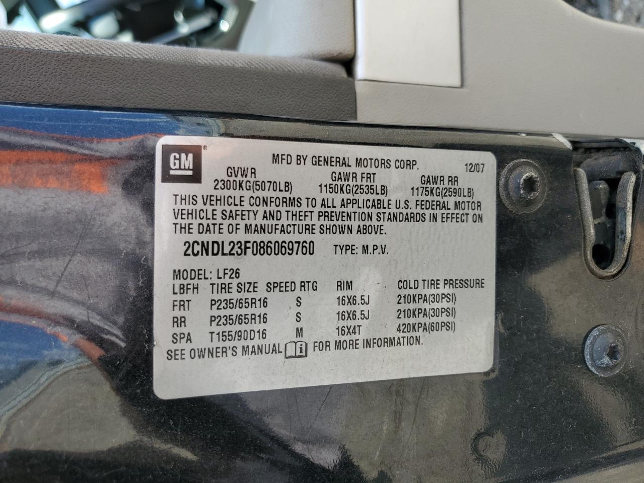 2CNDL23F086069760 2008 Chevrolet Equinox Ls