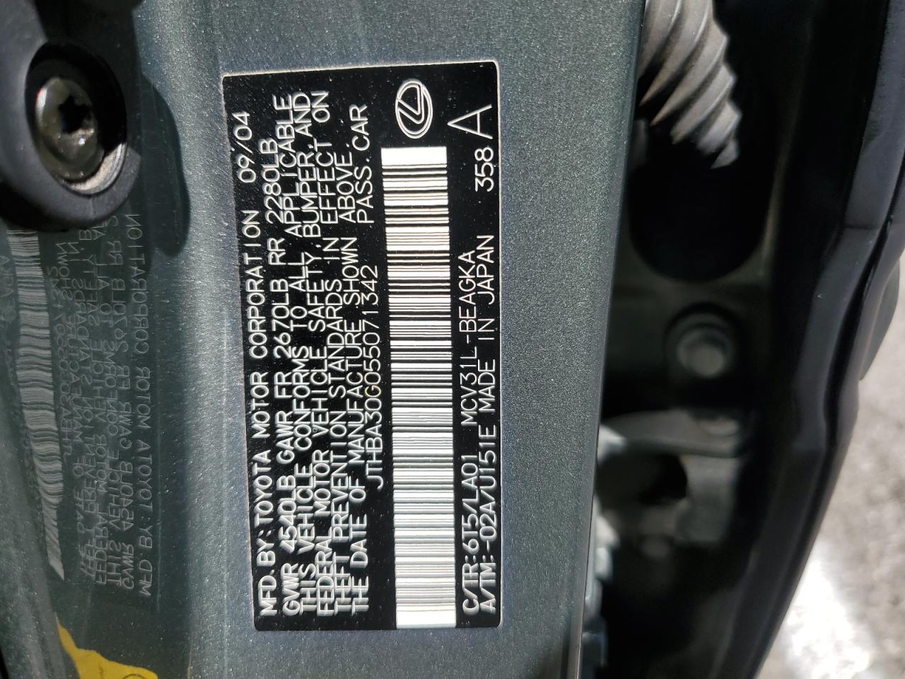 2005 Lexus Es 330 VIN: JTHBA30G055071342 Lot: 67720994