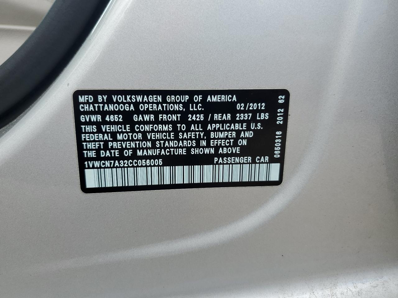 2012 Volkswagen Passat Sel VIN: 1VWCN7A32CC056005 Lot: 66923864