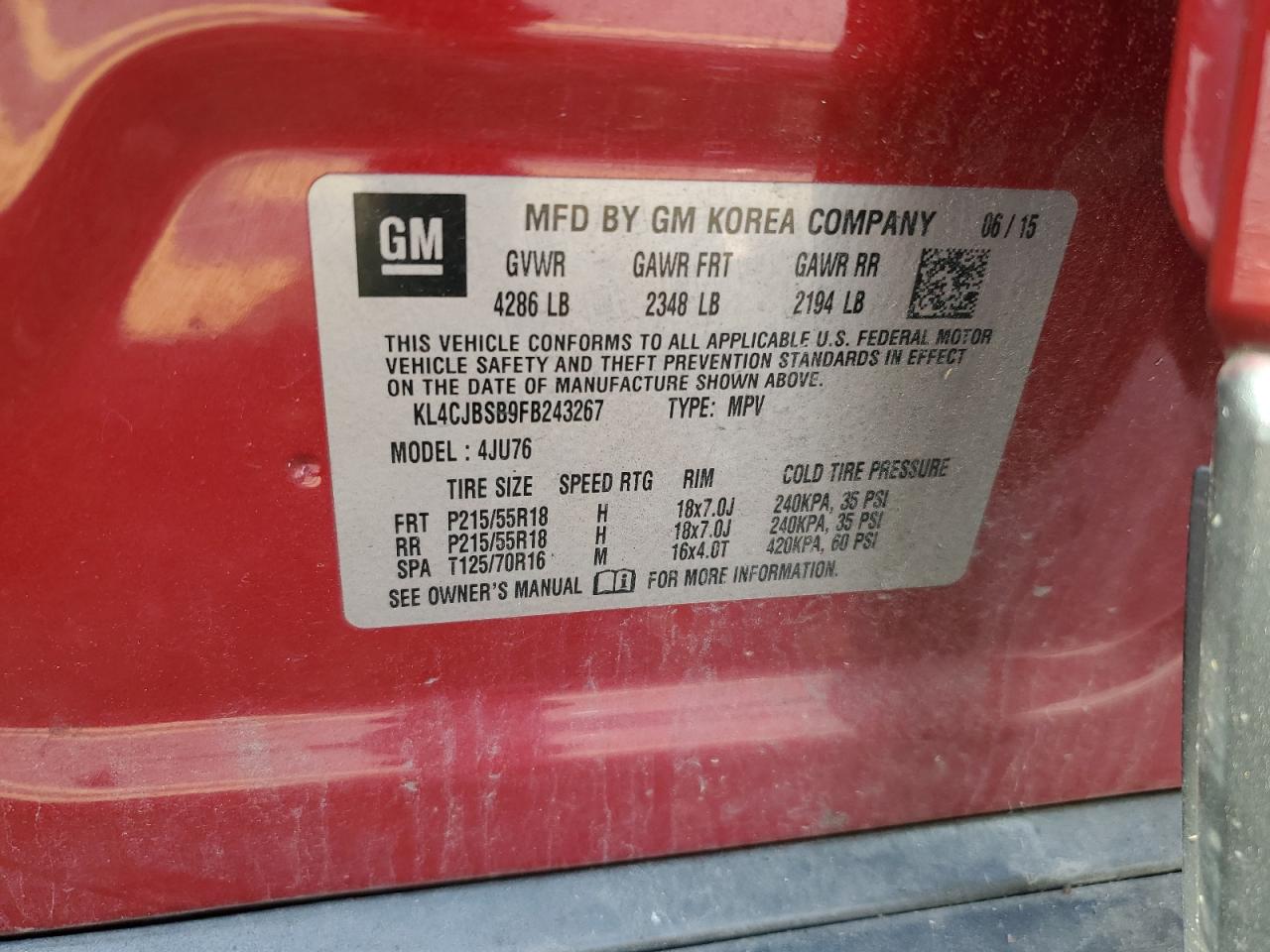 2015 BUICK ENCORE with SIDE damage, VIN KL4CJBSB9FB243267