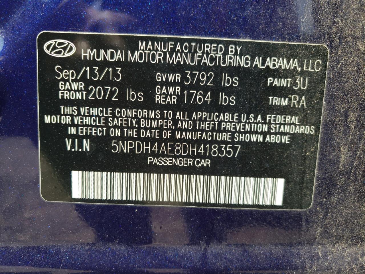 2013 Hyundai Elantra Gls VIN: 5NPDH4AE8DH418357 Lot: 65652294