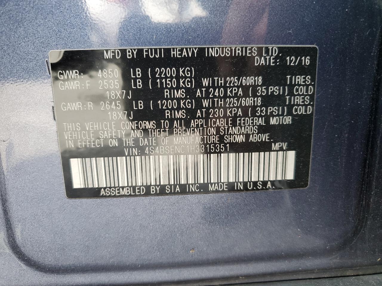 2017 Subaru Outback 3.6R Limited VIN: 4S4BSENC1H3315351 Lot: 67757214