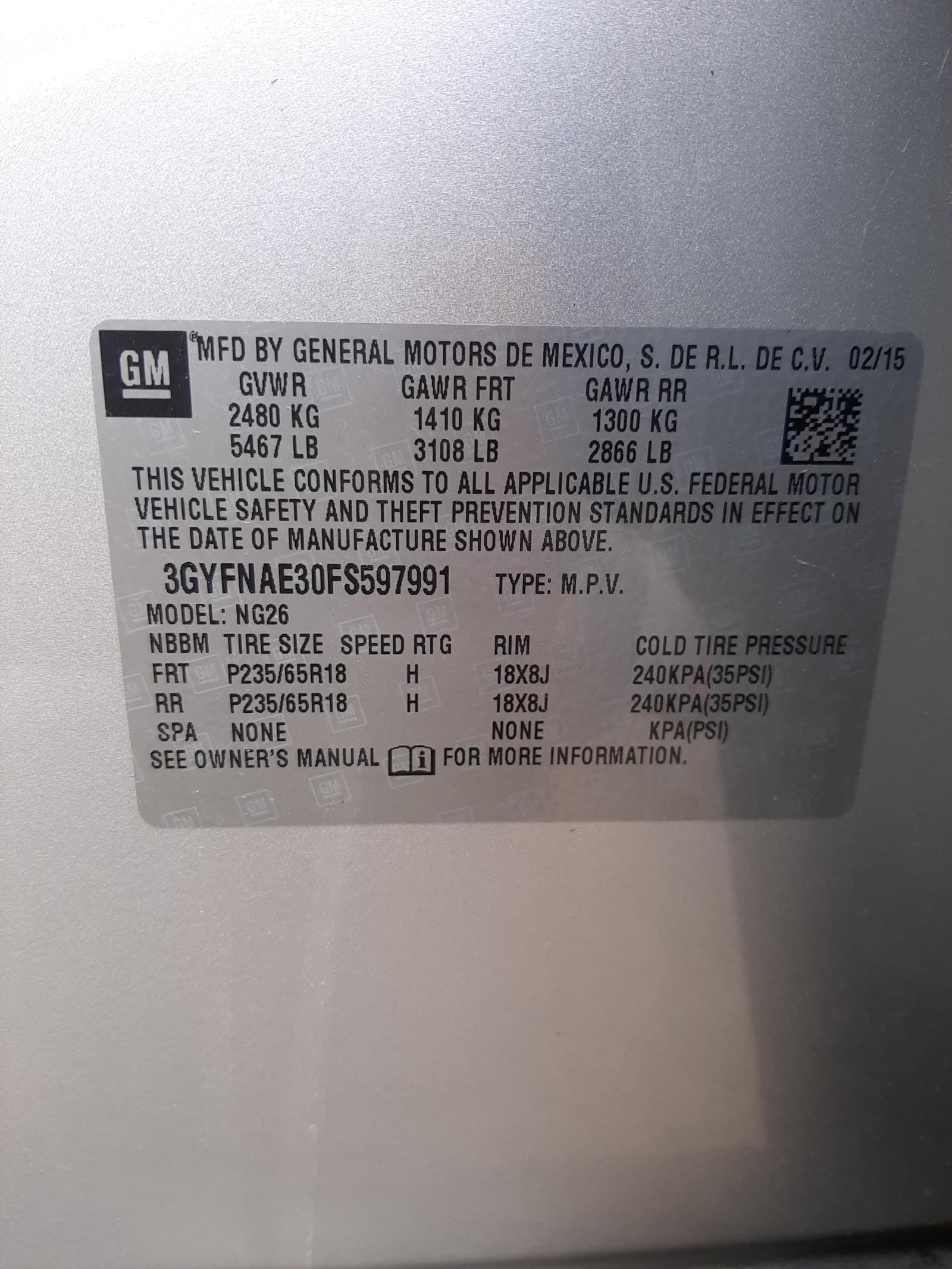 3GYFNAE30FS597991 2015 Cadillac Srx