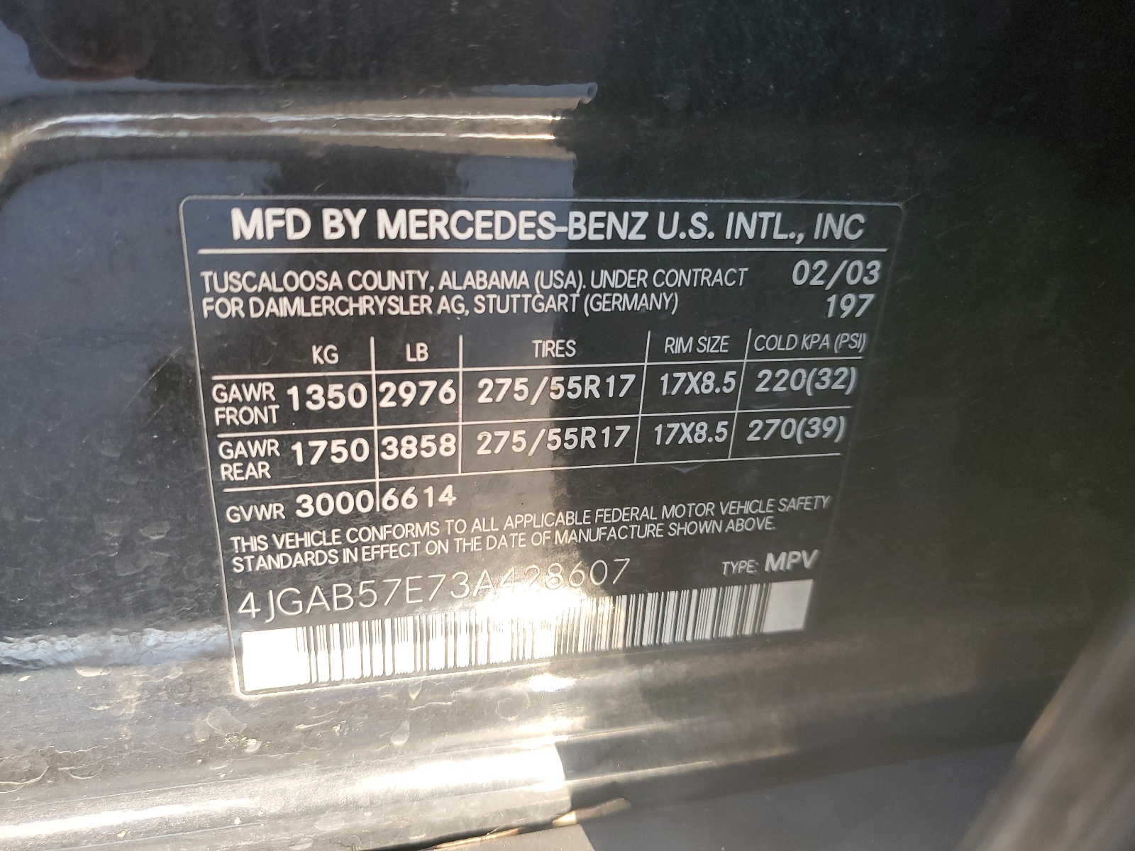 4JGAB57E73A428607 2003 Mercedes-Benz Ml 350