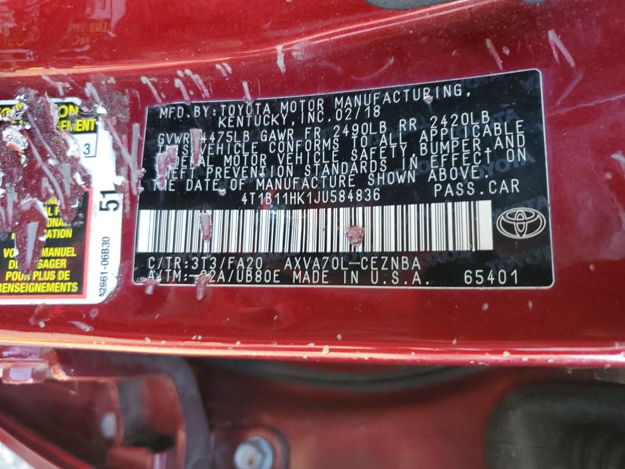 4T1B11HK1JU584836 2018 TOYOTA CAMRY - Image 12