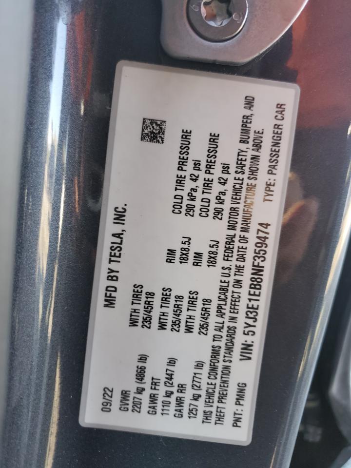 5YJ3E1EB8NF359474 2022 Tesla Model 3