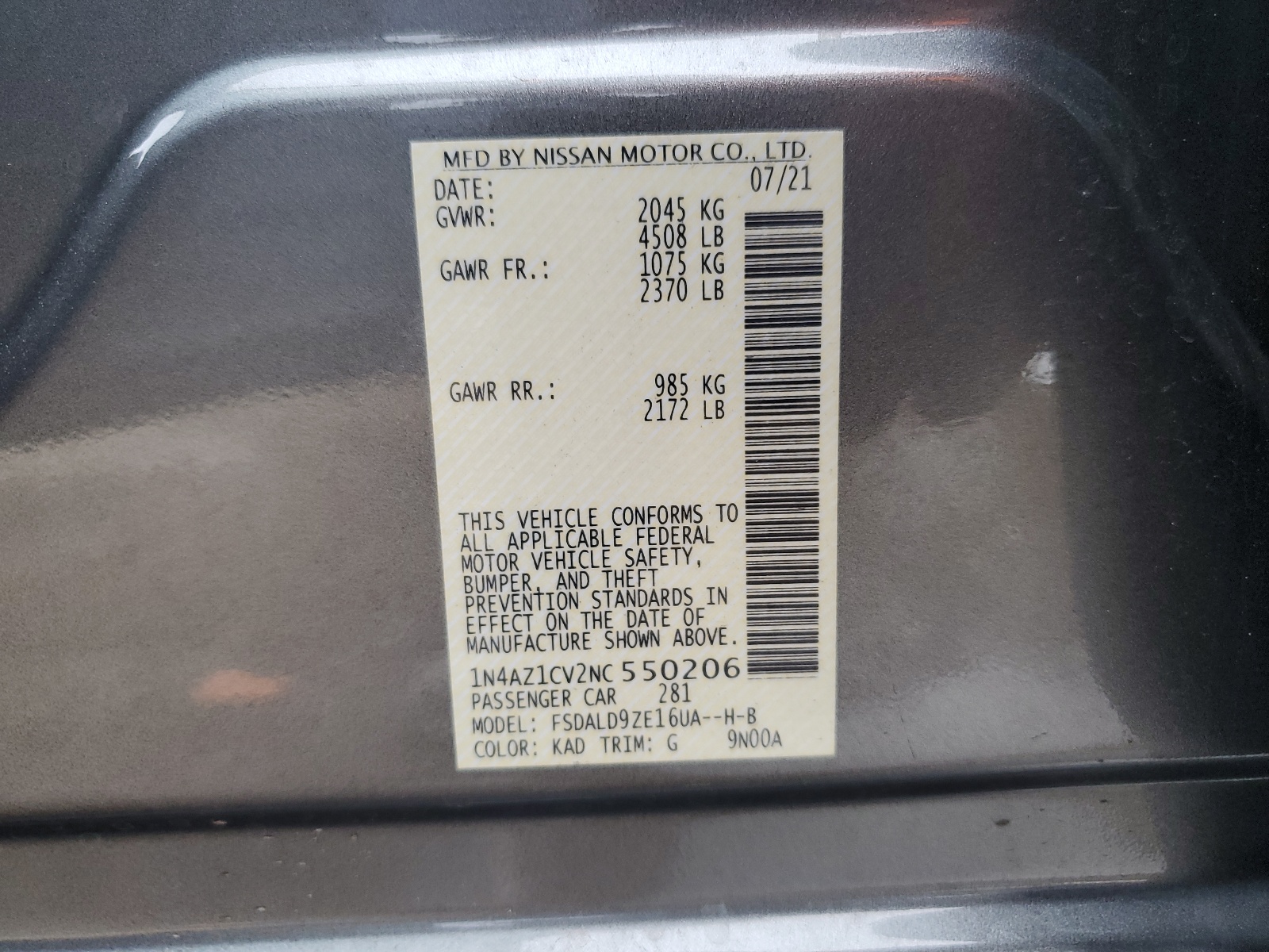 1N4AZ1CV2NC550206 2022 Nissan Leaf Sv