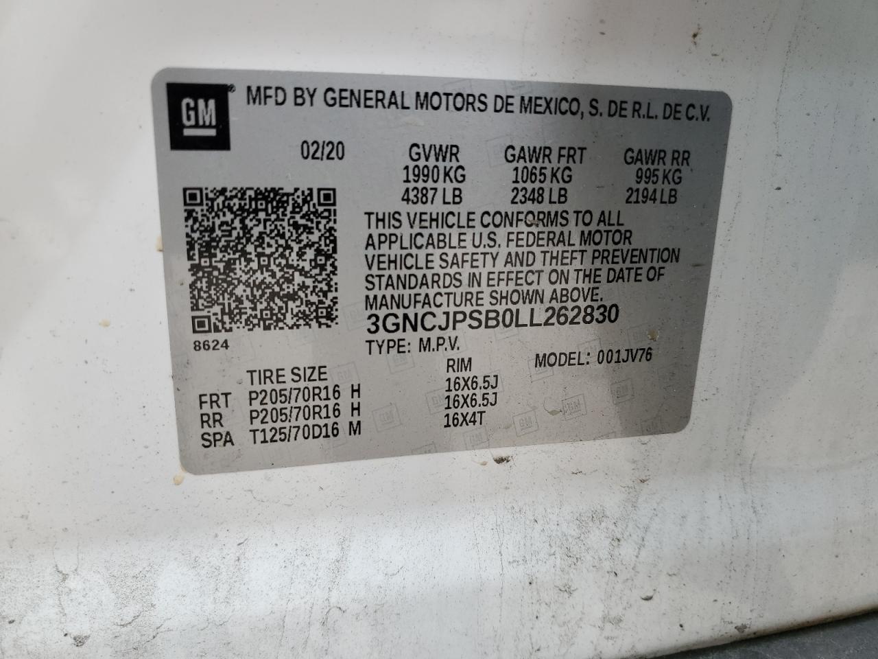 2020 Chevrolet Trax 1Lt VIN: 3GNCJPSB0LL262830 Lot: 67968264