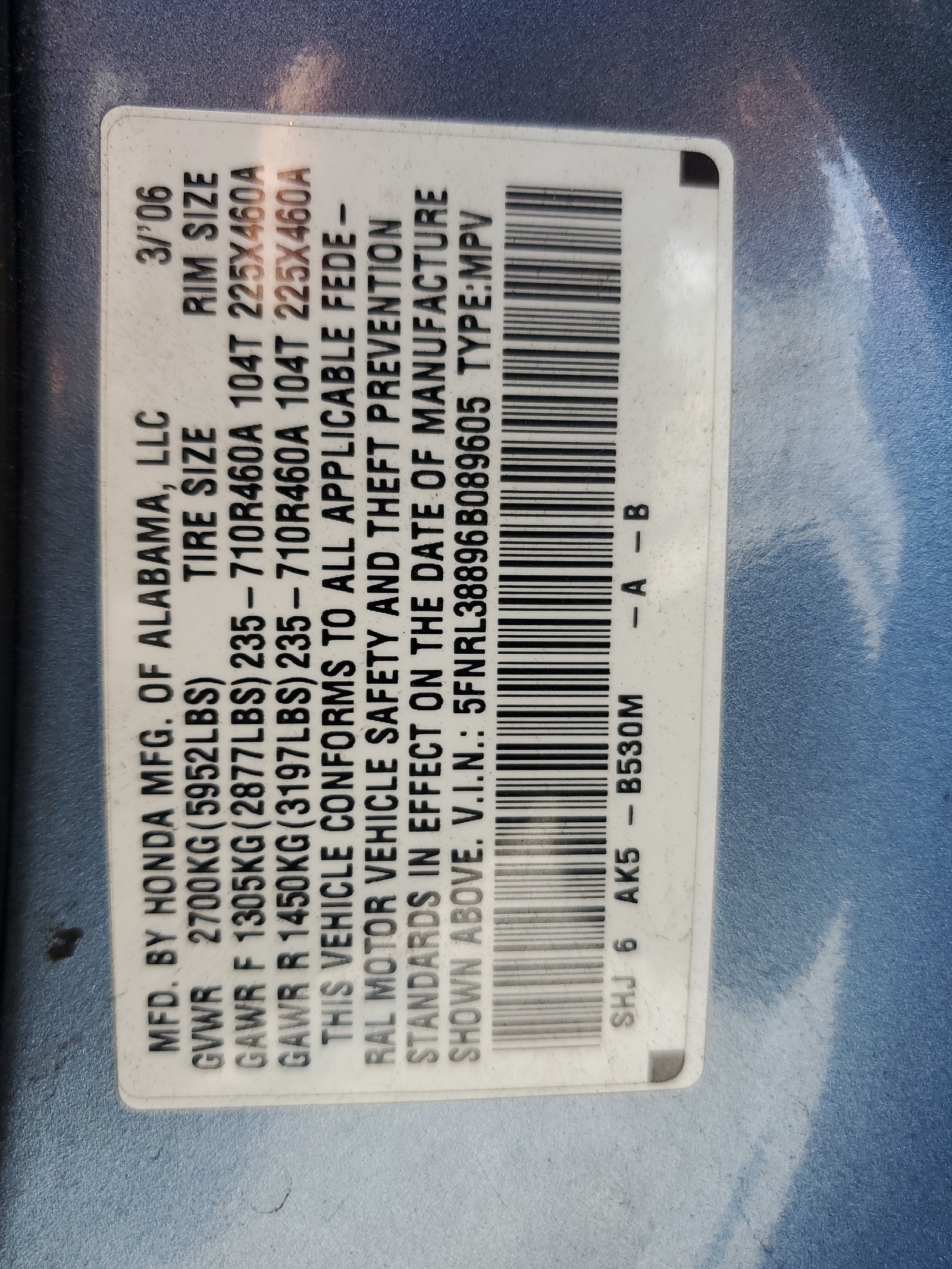 5FNRL38896B089605 2006 Honda Odyssey Touring