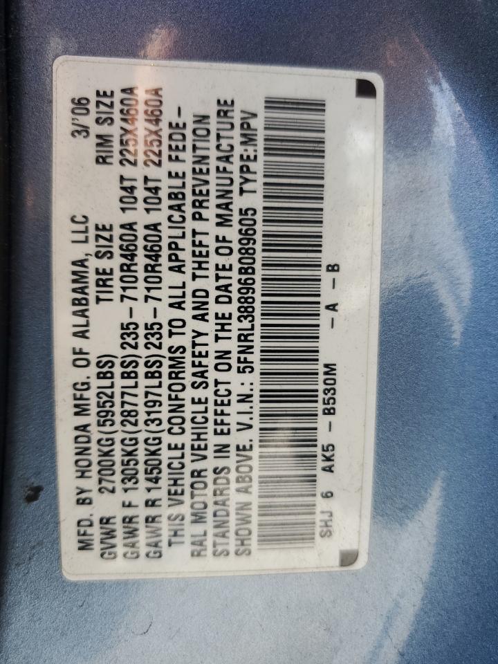 2006 Honda Odyssey Touring VIN: 5FNRL38896B089605 Lot: 66153274