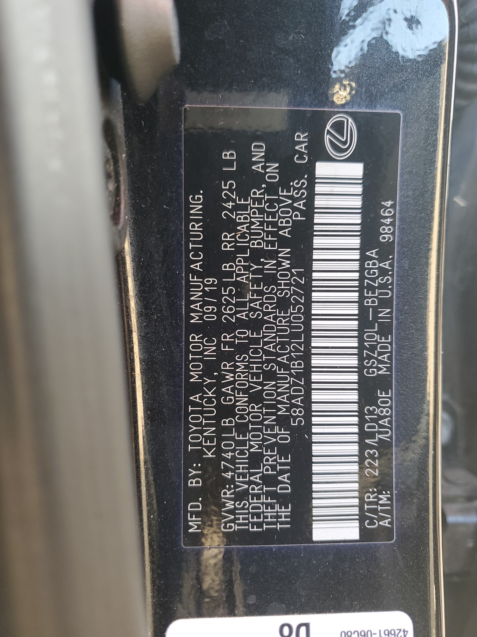 58ADZ1B12LU052721 2020 Lexus Es 350