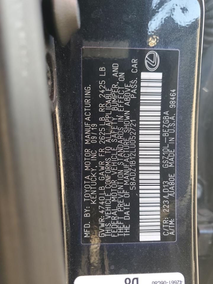 2020 Lexus Es 350 VIN: 58ADZ1B12LU052721 Lot: 65544734