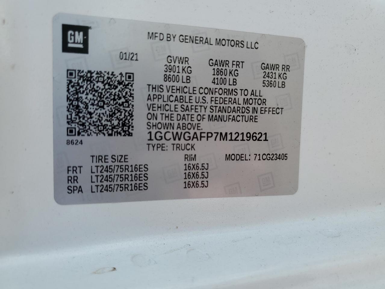 2021 Chevrolet Express G2500 VIN: 1GCWGAFP7M1219621 Lot: 66844454