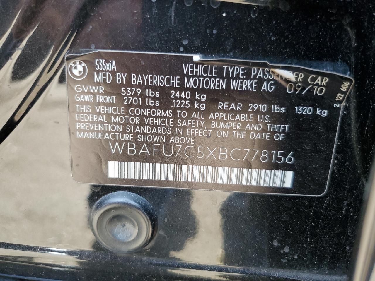 2011 BMW 535 Xi VIN: WBAFU7C5XBC778156 Lot: 67272344