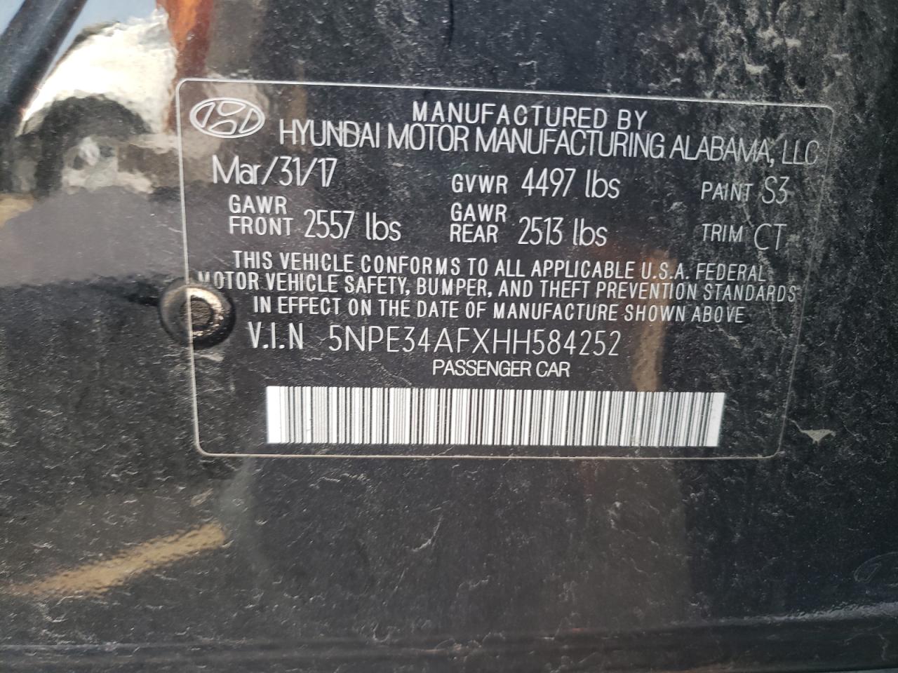 5NPE34AFXHH584252 2017 Hyundai Sonata Sport