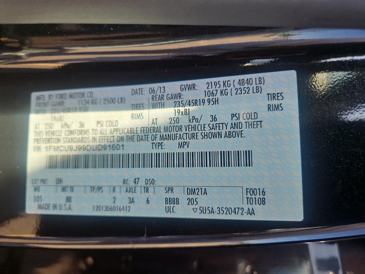 2013 Ford Escape Titanium VIN: 1FMCU9J99DUD91601 Lot: 68823644