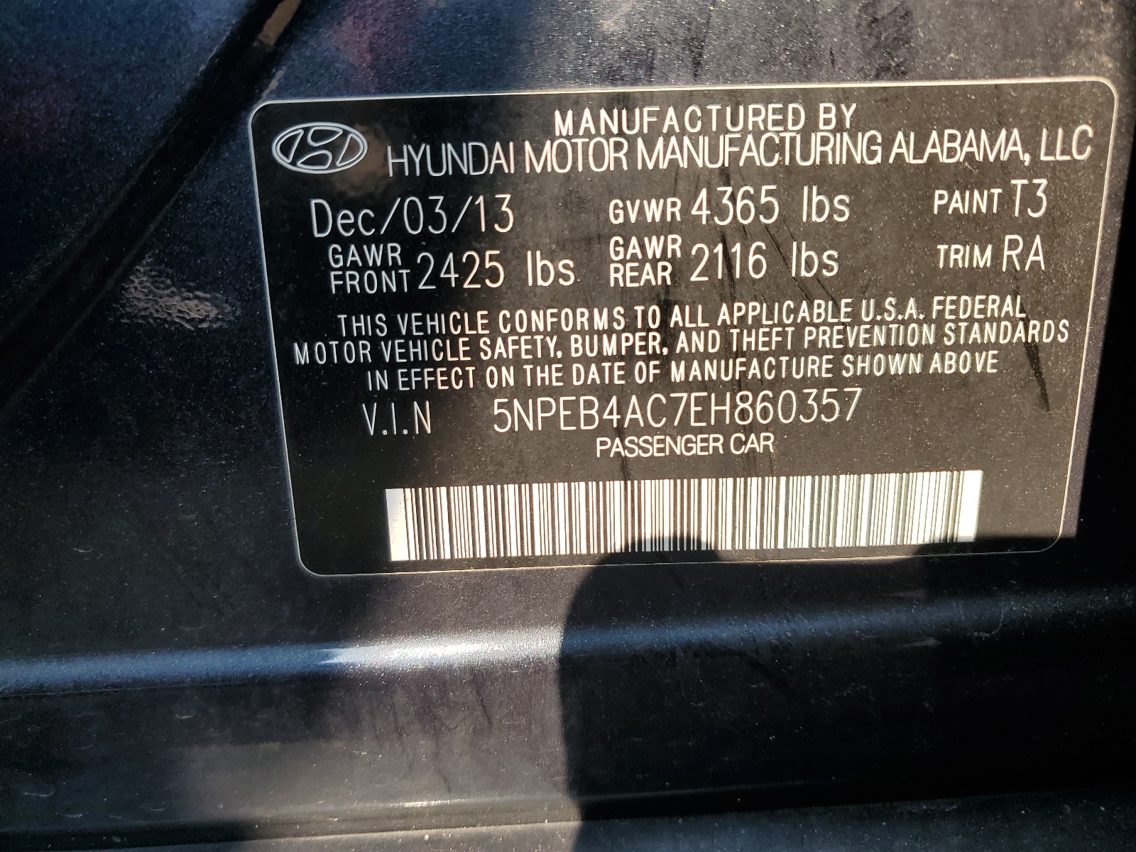 5NPEB4AC7EH860357 2014 Hyundai Sonata Gls