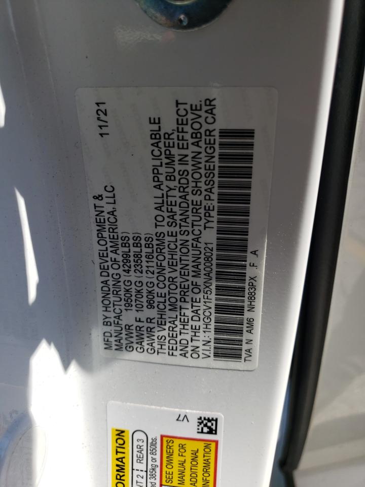 1HGCV1F5XNA008021 2022 Honda Accord Exl